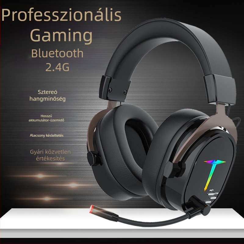Fejre rögzített vezeték nélküli fejhallgató mikrofonnal, esports játékokhoz, Bluetooth, PC és telefon kompatibilis, 2,4 GHz