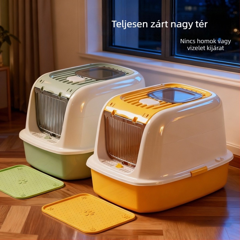 Teljesen zárható extránagy macskaalom-doboz, felsőnyílású bejárat, cseppálló, dezodorizáló, sterilizáló