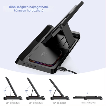 4 az 1-ben vezeték nélküli töltő óraállvány, 18W gyors töltés, összecsukható multifunkcionális töltőállvány digitális kijelzővel