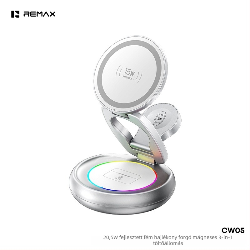 Remax 3-in-1 mágneses vezeték nélküli töltő iPhone-ra, Apple Watch-ra és AirPods-ra — Qi2, akár 15W-ig, mágneses töltés, összecsukható kialakítás