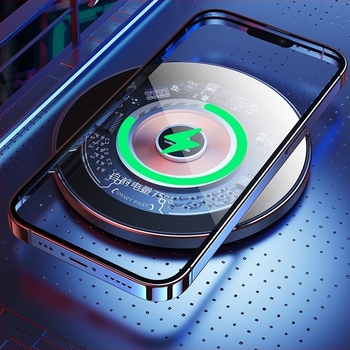 15W vezeték nélküli töltő iPhone 15-höz, fém kivitel, kör alakú átlátszó dizájn, mágneses töltés