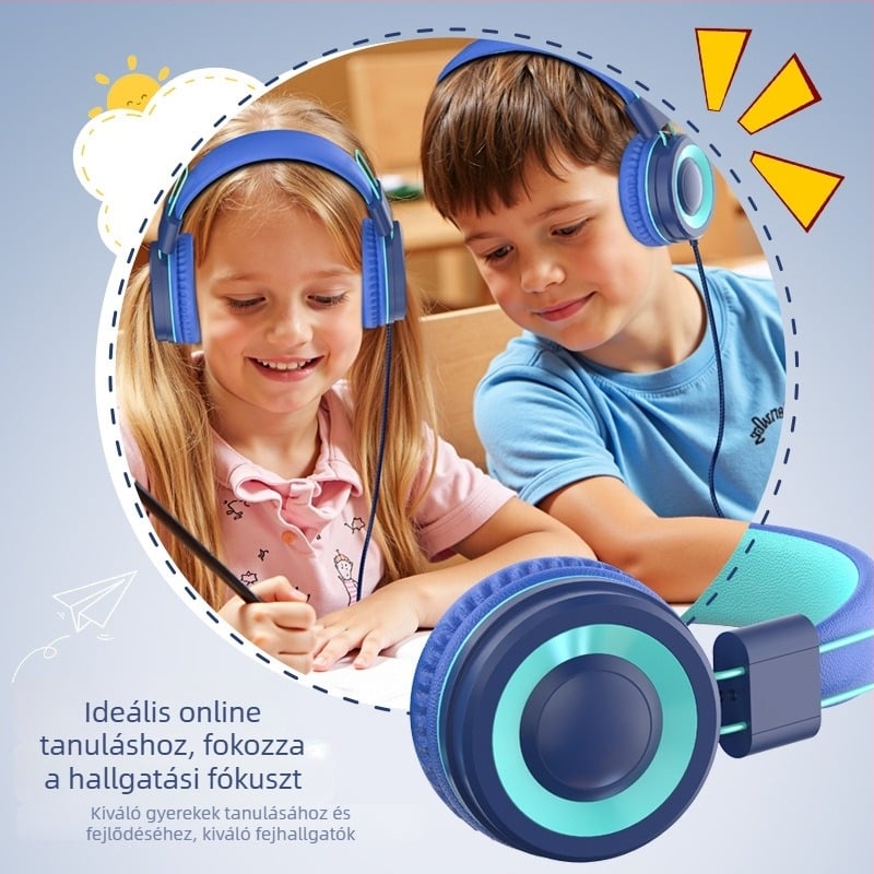 Vezetékes headset diákok és gyerekek számára, állítható és összecsukható, mikrofonnal online órákhoz — 40 mm meghajtók, impedancia 32 Ω, frekvenciatartomány 20–20000 Hz, USB-C és 3,5 mm csatlakozó