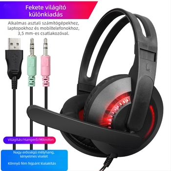 Messide A2 LED gamer fejhallgató mikrofonnal, kábeles, over-ear, basszus-erősítés