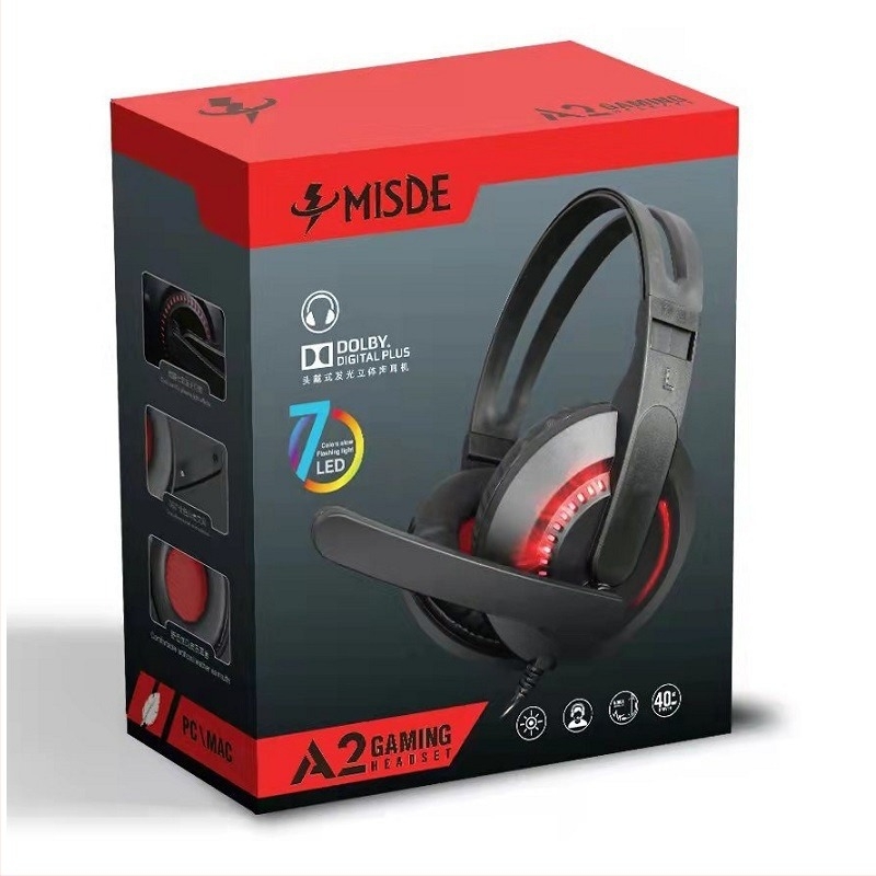 Messide A2 LED gamer fejhallgató mikrofonnal, kábeles, over-ear, basszus-erősítés