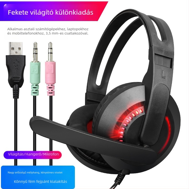 Messide A2 LED gamer fejhallgató mikrofonnal, kábeles, over-ear, basszus-erősítés