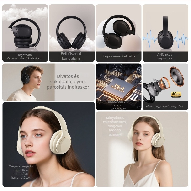 Bluetooth ANC over-ear fejhallgató, hosszú viselésre kényelmes, Hi-Fi sztereó