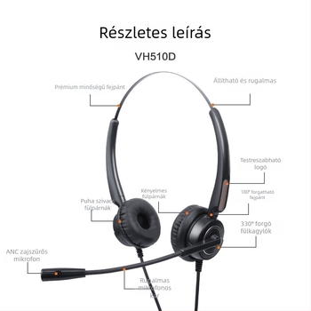 Kábeles fejhallgató zajcsökkentő mikrofonnal, RJ9, 2,5 mm, 3,5 mm és USB csatlakozók, 100–10000 Hz, impedancia 150 Ω