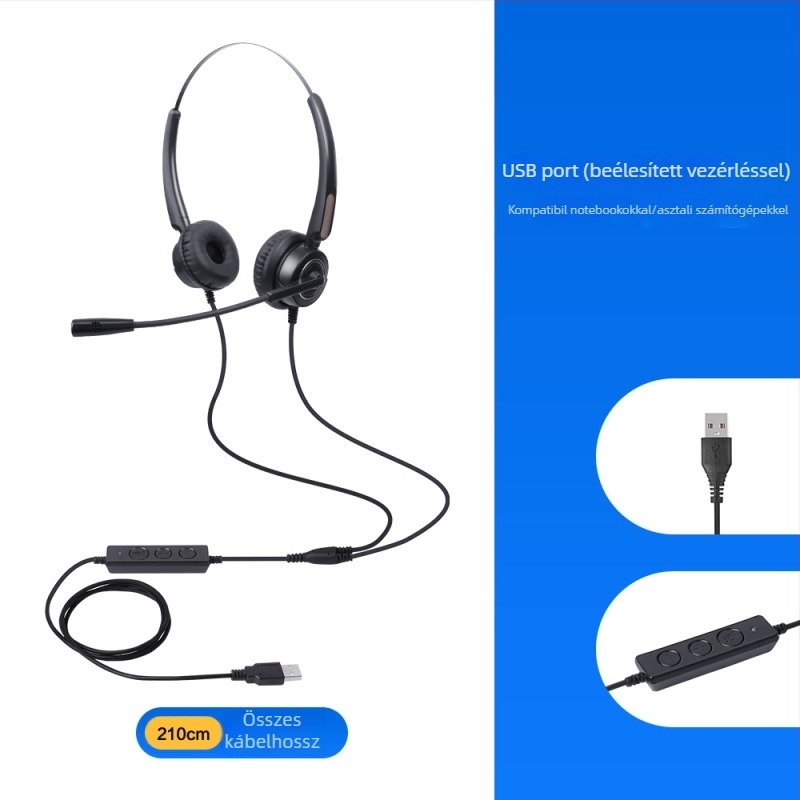Kábeles fejhallgató zajcsökkentő mikrofonnal, RJ9, 2,5 mm, 3,5 mm és USB csatlakozók, 100–10000 Hz, impedancia 150 Ω