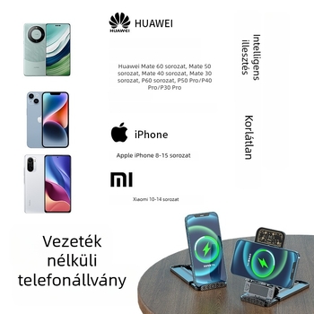 3 az egyben vezeték nélküli gyors töltő asztali állvány iPhone-hoz és fülhallgatóhoz, mágneses töltés, QC 3.0, max. 15W