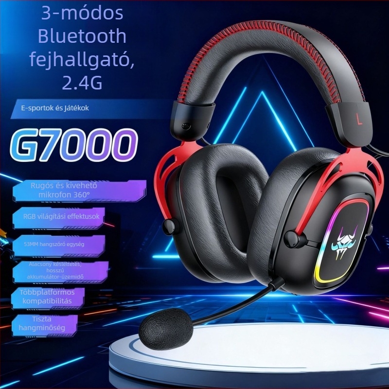Gamer fejhallgató, vezeték nélküli, Bluetooth három móddal, 53 mm meghajtók, 20 Hz–20 kHz, 32 Ω, 116 dB