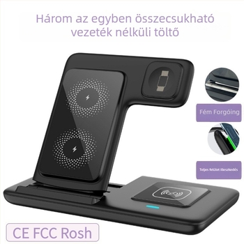 3 az 1-ben vezeték nélküli asztali állvány iPhone-hoz, fülhallgatókhoz és Apple Watch-hoz – összecsukható PD mágneses töltő, 15W