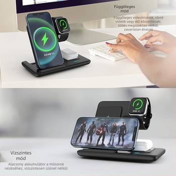 3 az 1-ben vezeték nélküli asztali állvány iPhone-hoz, fülhallgatókhoz és Apple Watch-hoz – összecsukható PD mágneses töltő, 15W