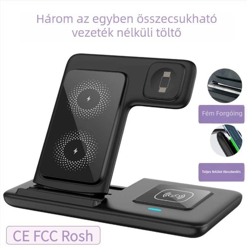 3 az 1-ben vezeték nélküli asztali állvány iPhone-hoz, fülhallgatókhoz és Apple Watch-hoz – összecsukható PD mágneses töltő, 15W