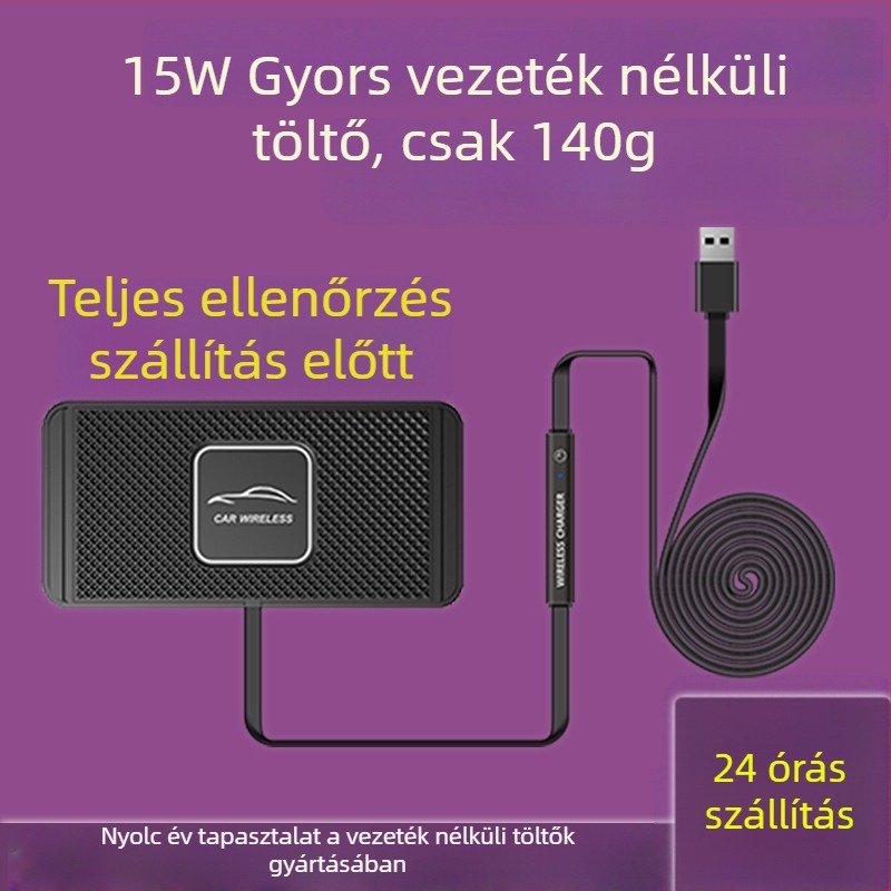 Autóvezeték nélküli töltő 15W USB gyors töltés QC3.0, 2A kimenet, sík csúszásmentes alátét