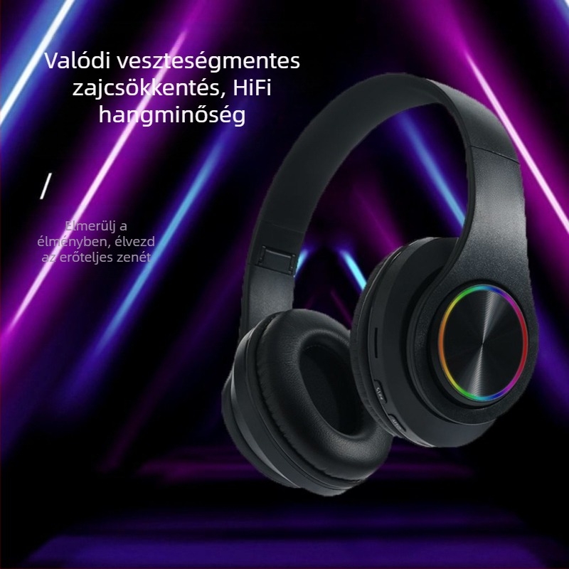 Összecsukható over-ear fejhallgató Bluetooth/vezetékes, 3,5 mm-es L-alakú csatlakozóval, LED fények, játékokra és sporthoz