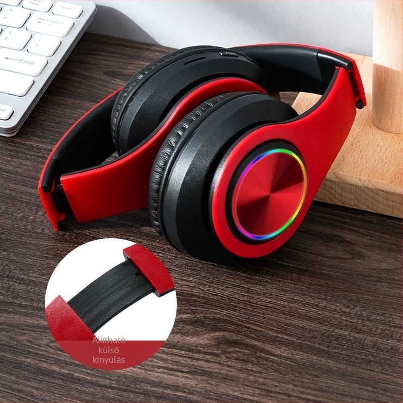 Összecsukható over-ear fejhallgató Bluetooth/vezetékes, 3,5 mm-es L-alakú csatlakozóval, LED fények, játékokra és sporthoz