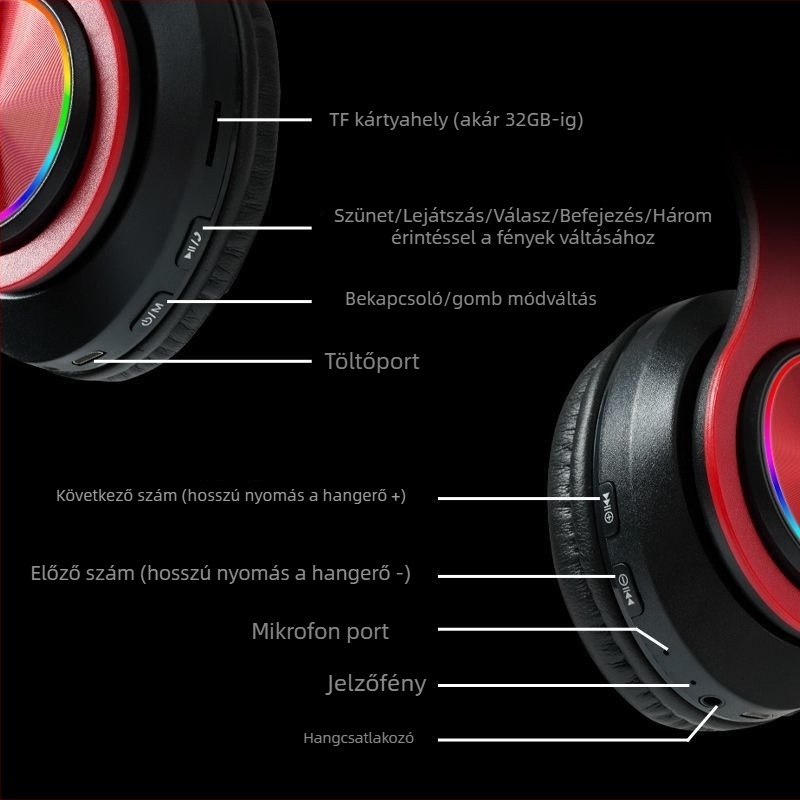 Összecsukható over-ear fejhallgató Bluetooth/vezetékes, 3,5 mm-es L-alakú csatlakozóval, LED fények, játékokra és sporthoz