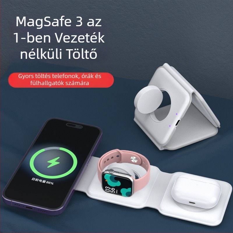 Három-in-1 összecsukható mágneses vezeték nélküli töltő, 15W max, QC3.0, CE/FCC/RoHS tanúsítványok