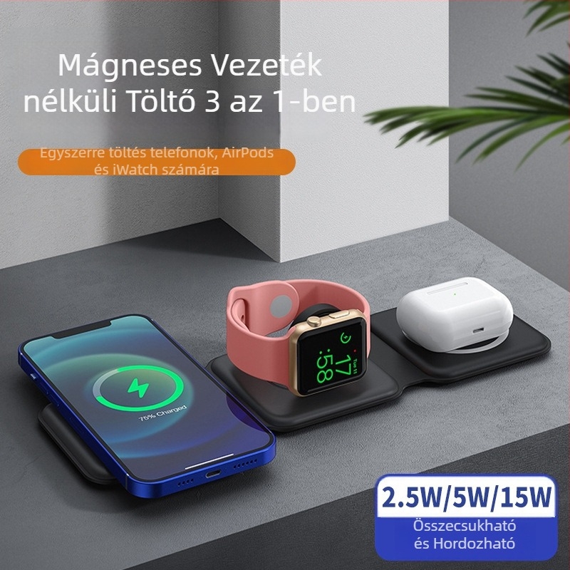 Három-in-1 összecsukható mágneses vezeték nélküli töltő, 15W max, QC3.0, CE/FCC/RoHS tanúsítványok