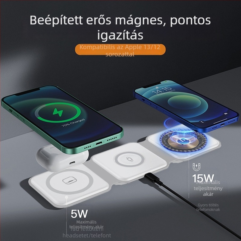 Három-in-1 összecsukható mágneses vezeték nélküli töltő, 15W max, QC3.0, CE/FCC/RoHS tanúsítványok