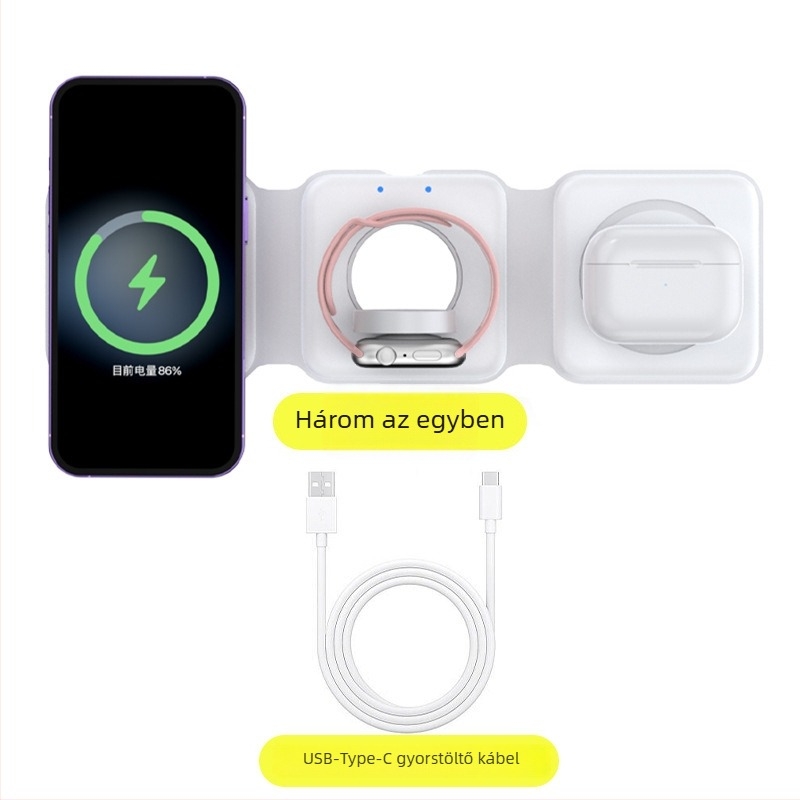 Három-in-1 összecsukható mágneses vezeték nélküli töltő, 15W max, QC3.0, CE/FCC/RoHS tanúsítványok