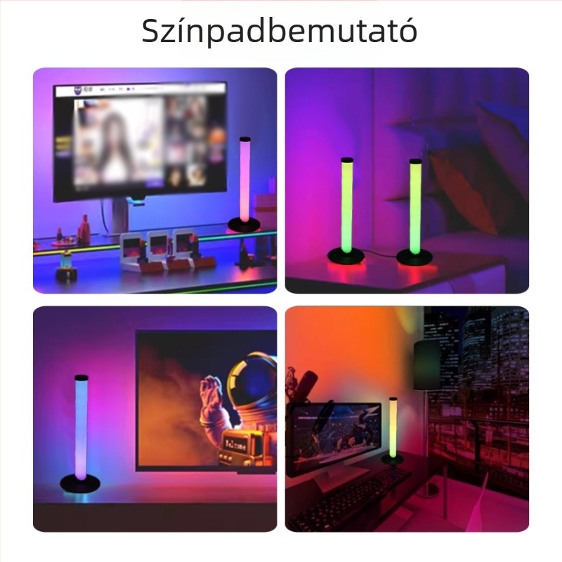 USB-ellátású gamer asztali környezeti fény alkalmazással, távirányítóval és gombos vezérléssel; vezérlés alkalmazással és intelligens kapcsolóval; pillér típusú szerelés; zenei reagáló fény