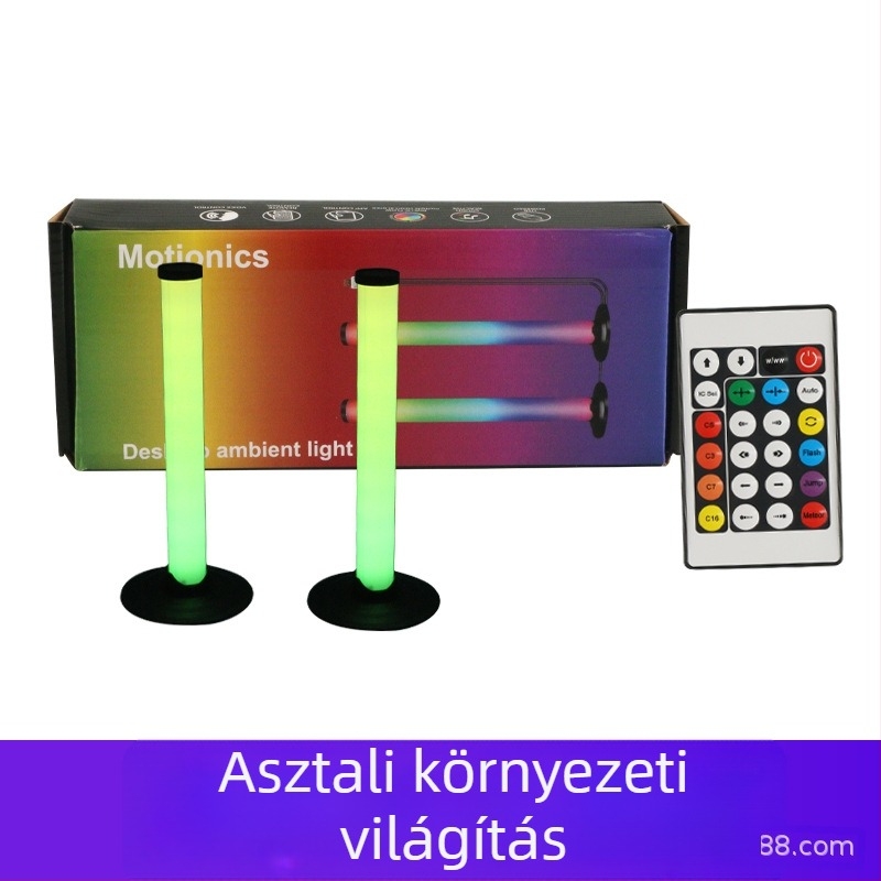 USB-ellátású gamer asztali környezeti fény alkalmazással, távirányítóval és gombos vezérléssel; vezérlés alkalmazással és intelligens kapcsolóval; pillér típusú szerelés; zenei reagáló fény