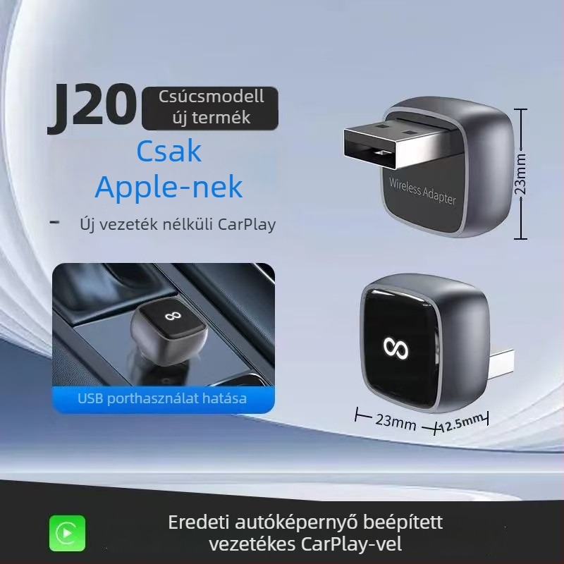 J20 2 az 1-ben vezeték nélküli CarPlay adapter Android Auto és CarPlay számára, átalakító kábelről vezeték nélküli CarPlay-hez, USB-C/USB interfész, kompatibilis a vezetékes CarPlay-sel rendelkező autókkal