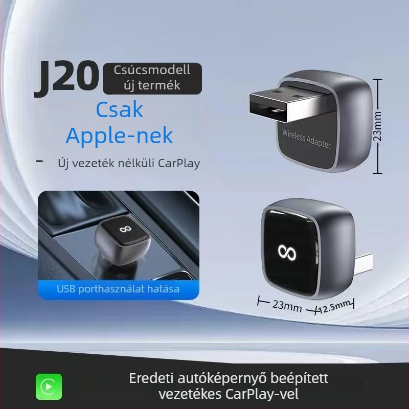 J20 2 az 1-ben vezeték nélküli CarPlay adapter Android Auto és CarPlay számára, átalakító kábelről vezeték nélküli CarPlay-hez, USB-C/USB interfész, kompatibilis a vezetékes CarPlay-sel rendelkező autókkal
