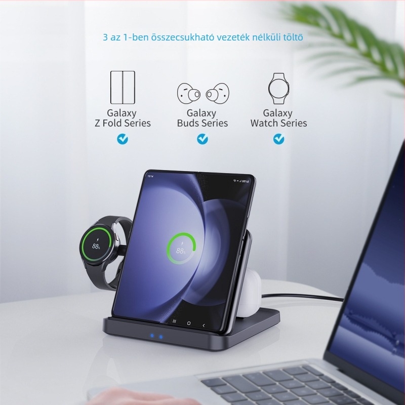 KCFold7 3-in-1 vezeték nélküli töltő Samsung Flip5-höz – Összecsukható asztali tartó, ABS+PC/PMMA, telefonhoz, órához és fejhallgatóhoz