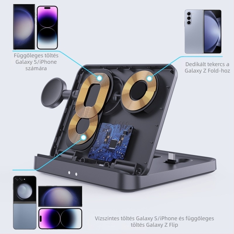 KCFold7 3-in-1 vezeték nélküli töltő Samsung Flip5-höz – Összecsukható asztali tartó, ABS+PC/PMMA, telefonhoz, órához és fejhallgatóhoz