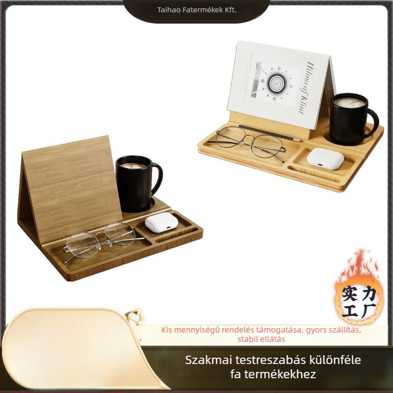 Fa asztali rendszerező, 3-szintes, újság-tartóval, tablet-tartóval és pohártartóval