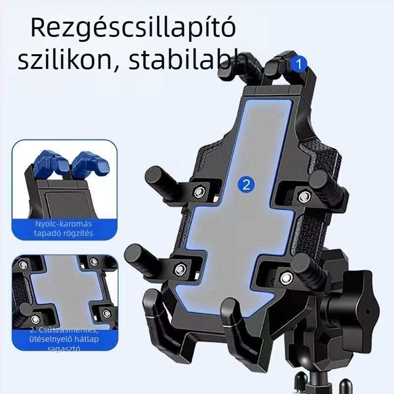 Motorkerékpárhoz tartozó mobiltelefon-tartó fém konstrukcióval, cyberpunk stílus, vezeték nélküli töltés