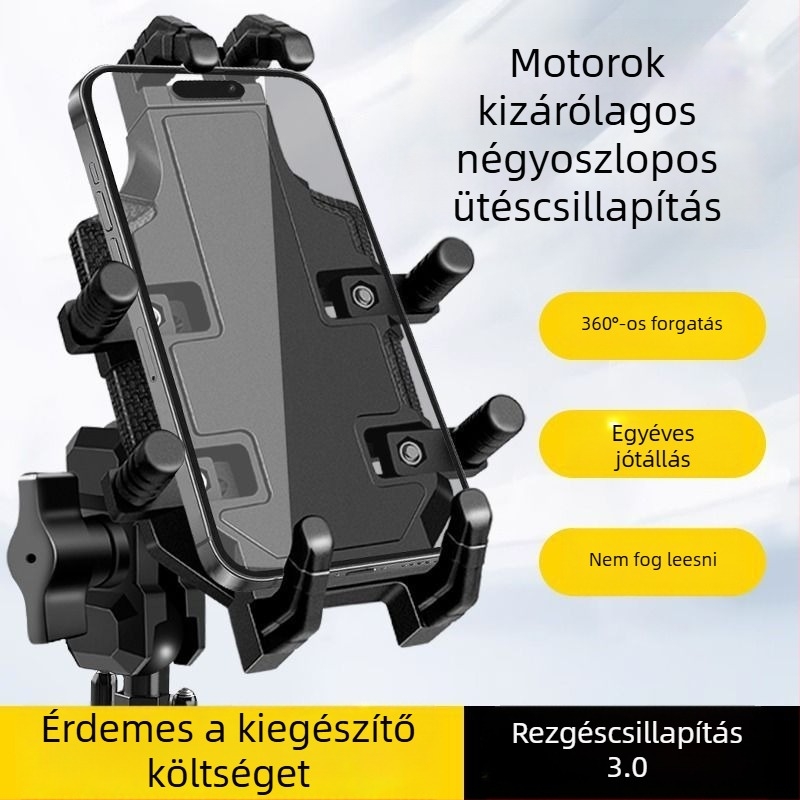 Motorkerékpárhoz tartozó mobiltelefon-tartó fém konstrukcióval, cyberpunk stílus, vezeték nélküli töltés