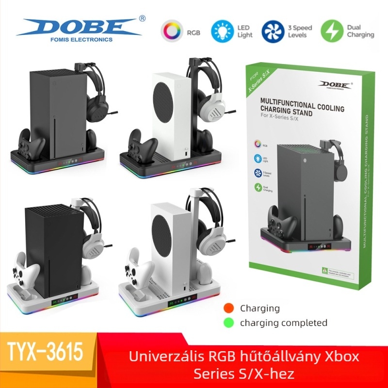 Xbox Series X/S hűtőventilátor-dokk kontrollertöltő állvánnyal és fejhallgató-tartóval (USB, ABS)