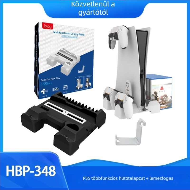 IPLAY PS5 hűtőbázis vezeték nélküli kontrollertöltővel, fejhallgató tartóval és lemez tárolóval – ABS konstrukció