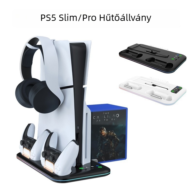 PS5 Pro/Slim konzol hűtőalap RGB világítással, kontroller tartó töltéssel, fülhallgató és lemez tároló állvány