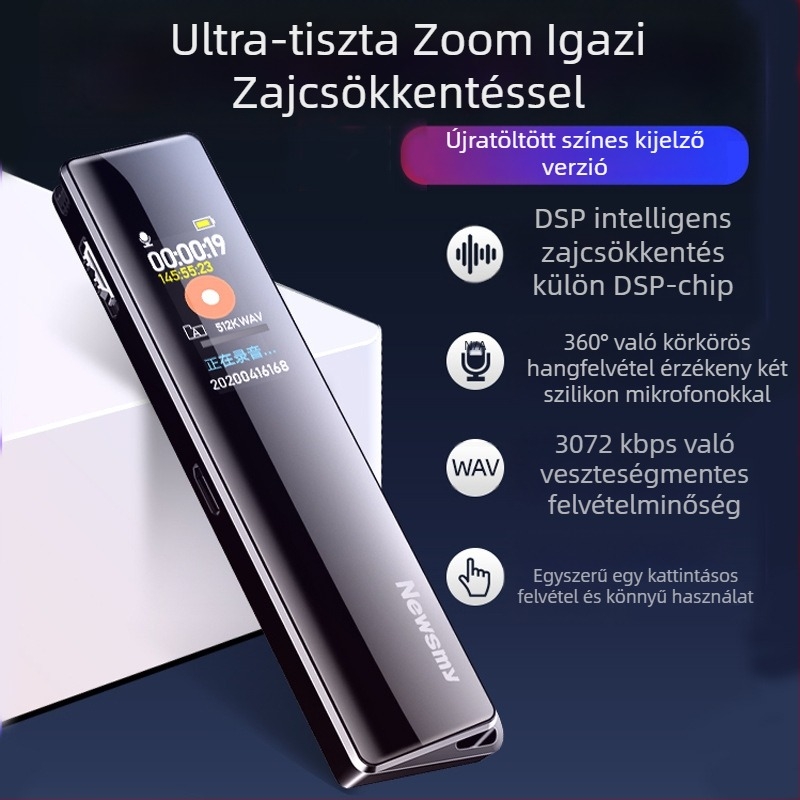 Newman V03 diktafon – WAV felvétel, 600‑perc felvételidő, USB 2.0 interfész, beépített kétirányú mikrofon, fém ház