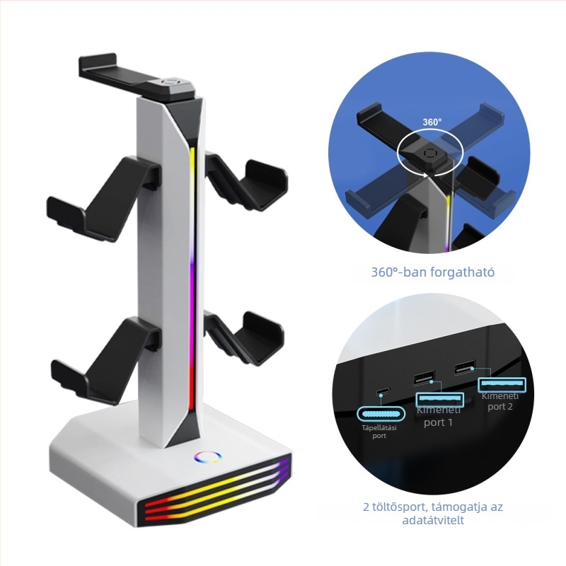 Fejhallgatóállvány RGB világítással, USB táplált, 2 USB töltőport, ABS anyag
