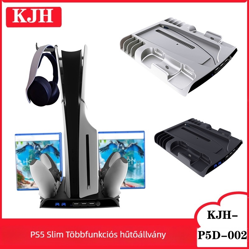PS5 Slim többsfunkciós hűtőbázis lemez tárolóval, két kontroller töltő dokkolóval és fejhallgató tartóval