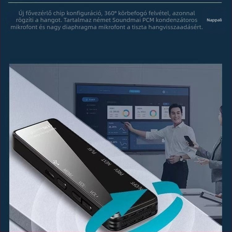Zajcsökkentő hangrögzítő lítiumakkumulátorral, Type-C interfész, 27 nyelv, logó nélküli, modell A932 — folyamatos felvétel, WAV formátum, 3429 perc, USB 2.0, HD mikrofon, kétirányú