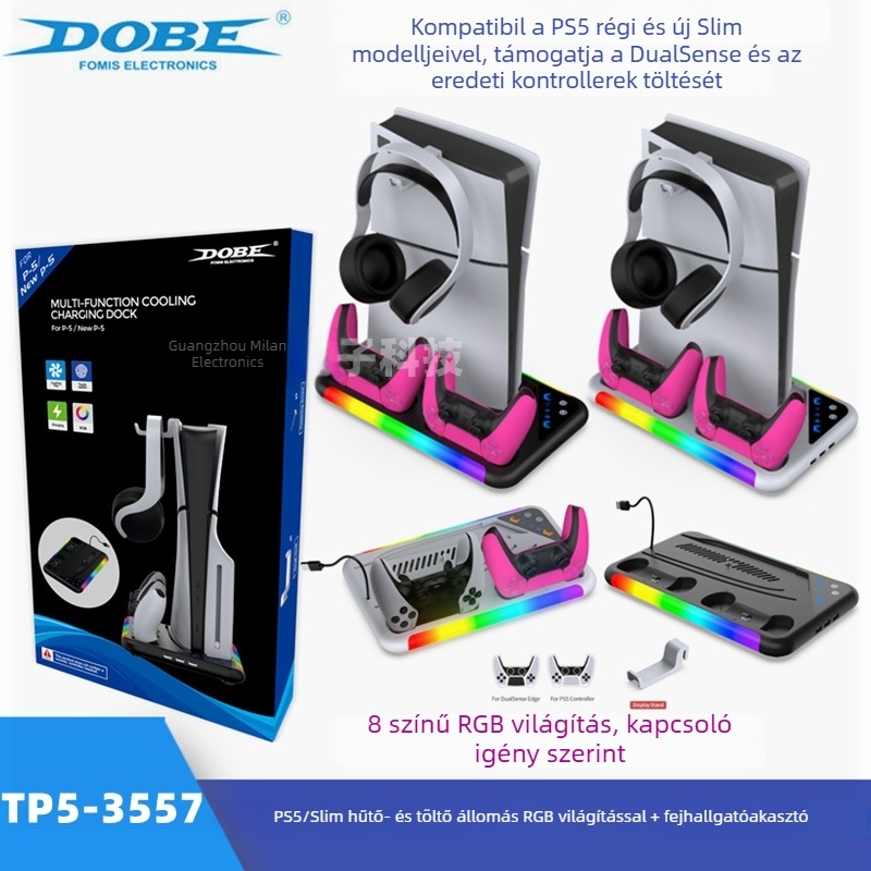 PS5 és PS5 Slimhez való hűtő–töltőalap RGB világítással, fülhallgató tartóval és ABS burkolattal