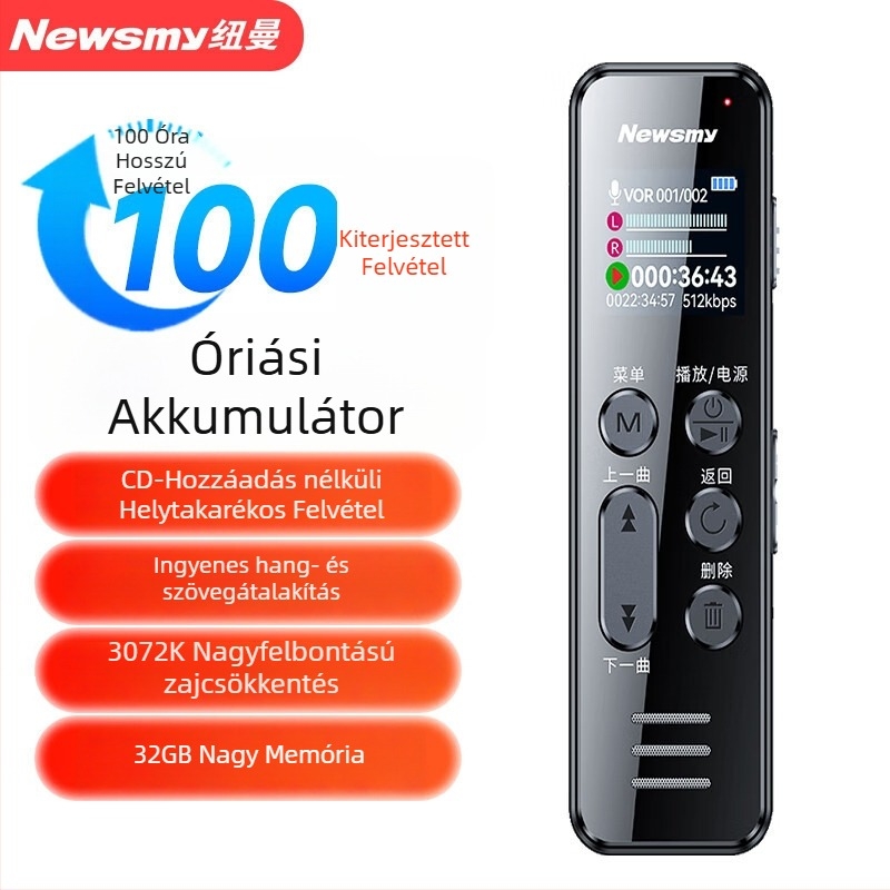 Newman W9 felvevő toll, professzionális zajcsökkentés, kettős beépített mikrofon, MP3/WAV felvétel, 1000 perc felvételi idő, USB 2.0