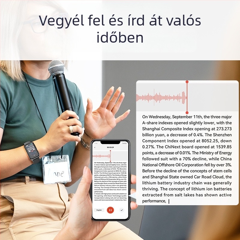 AI átíró rögzítő valós idejű fordítással és gondolattérképpel – helyi és alkalmazáson keresztüli felvétel, WAV formátum, 5 órás felvétel, EMMC tárhely, 1,47 hüvelykes HD kijelző