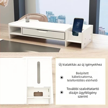 Asztali magasságnövelő állvány számítógéphez, billentyűzet-fiókkal és monitorállvánnyal (két rétegű műanyag, mozgatható, porálló)