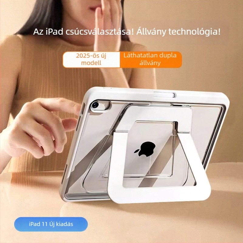 iPad tok alumínium ötvözetből, Air 4/5/6 kompatibilis, tollhely, összecsukható fém állvány