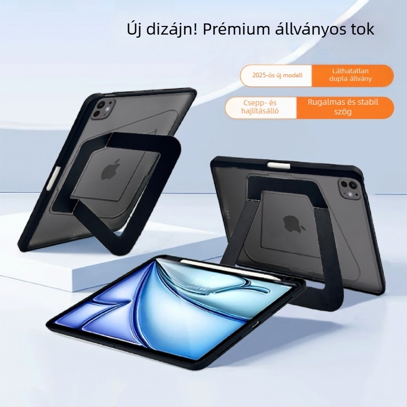 iPad tok alumínium ötvözetből, Air 4/5/6 kompatibilis, tollhely, összecsukható fém állvány