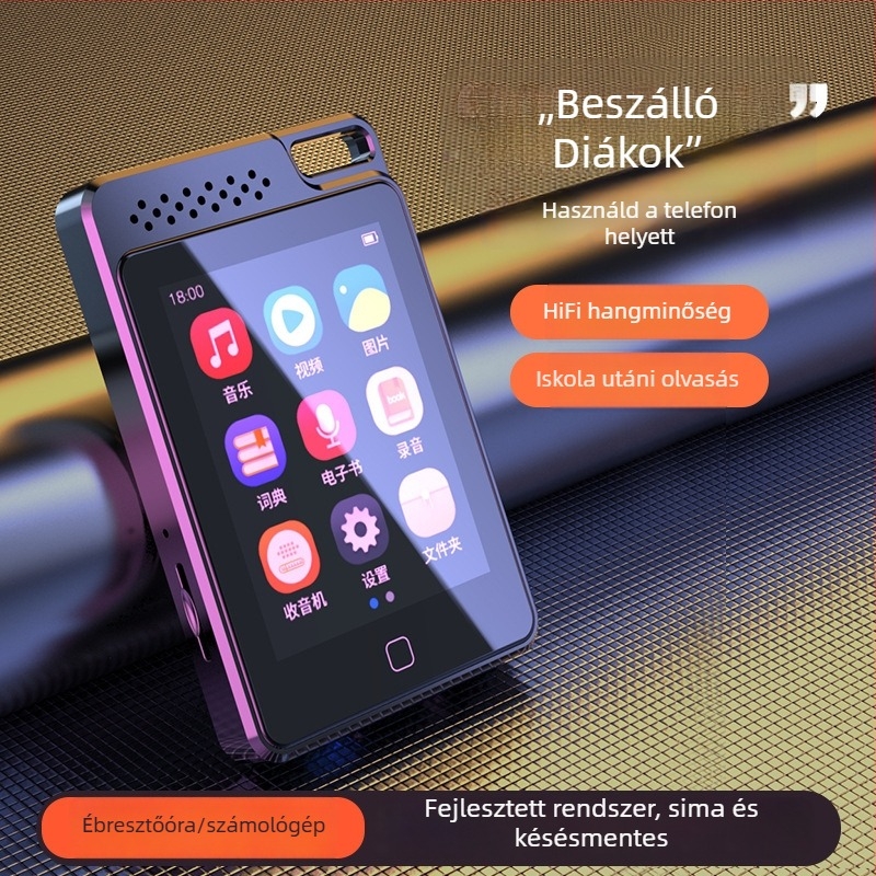 Bluetoothos MP3-lejátszó hangrögzítővel, TF-kártya támogatás, 2,4 hüvelykes TFT kijelző, USB-C csatlakozó