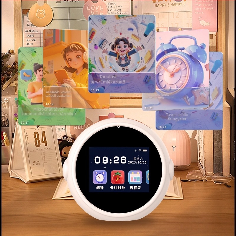 AI okos ébresztőóra gyerekeknek – LCD kijelző, újratölthető, Wi‑Fi, MP3 lejátszás, érzelmi interakció