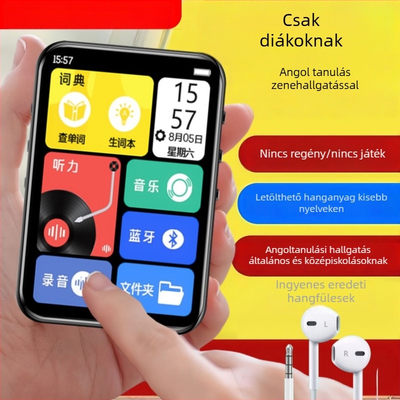 Nyelvtanulási lejátszó japán és angol nyelvhez, MP3/MP4, Bluetooth, teljes képernyő
